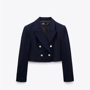 Zara Women's Dark Blue Cropped Blazer with Gold Buttons